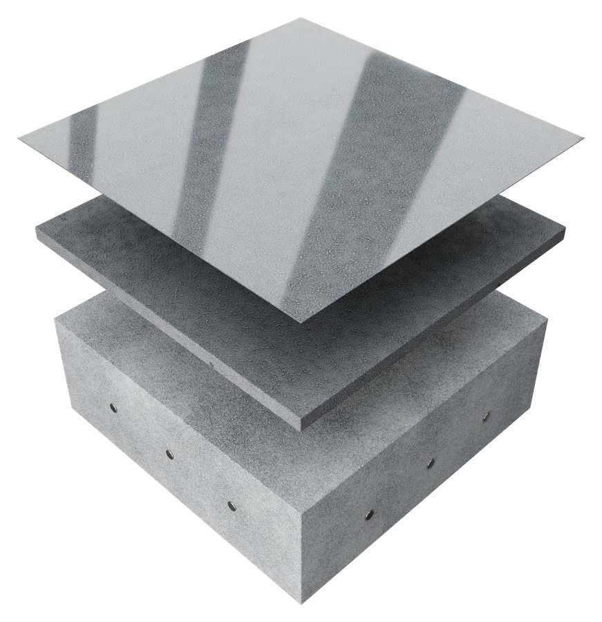 Layers of a dry-shake floor: concrete slab, hardened wear layer, curing membrane